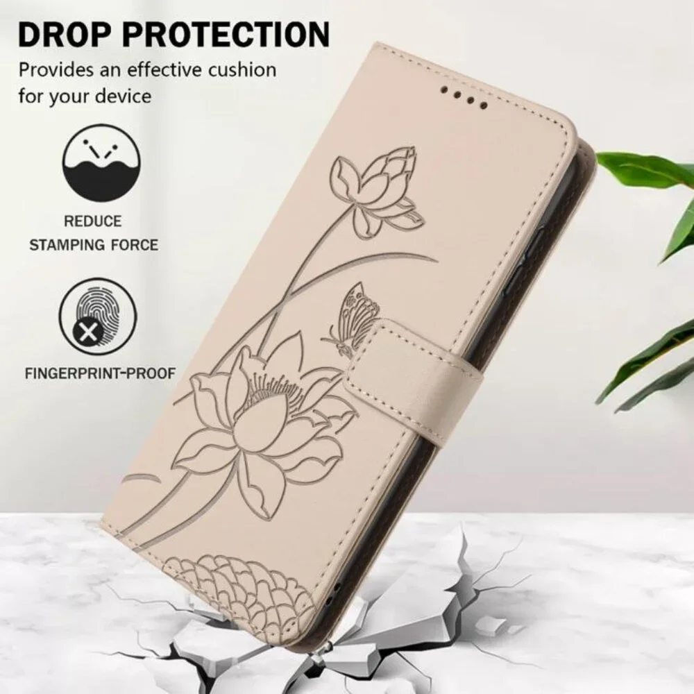 For iPhone 17 Pro Max Lotus Embossed Leather Phone Case with Lanyard(Beige)